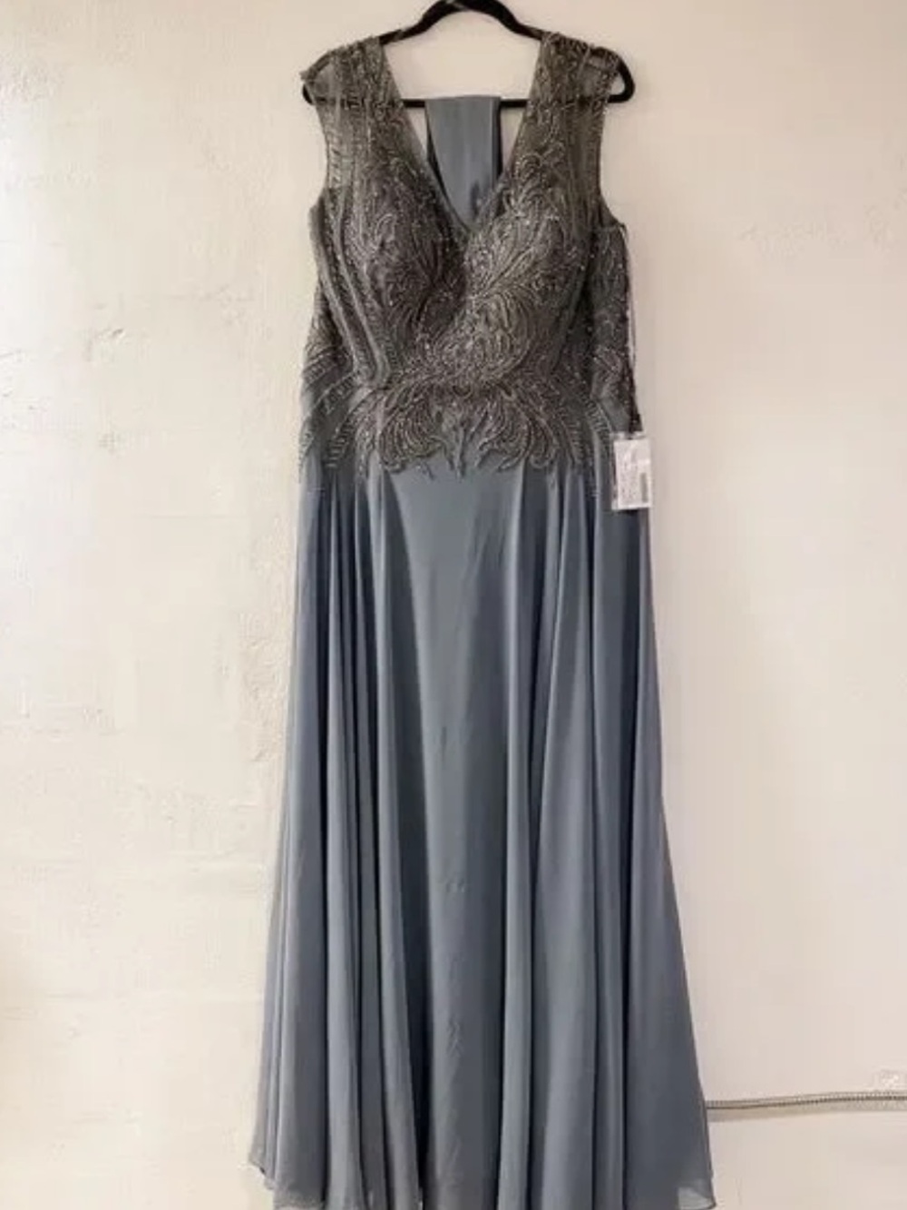 Beaded V-Neck Gray Maxi Dress